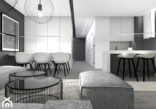 DOM POKAZOWY minimal - Duża biała czarna szara jadalnia w salonie, styl minimalistyczny - zdjęcie od gradomska architekci