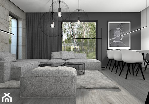DOM POKAZOWY minimal - Duży biały czarny szary salon z jadalnią, styl minimalistyczny - zdjęcie od gradomska architekci