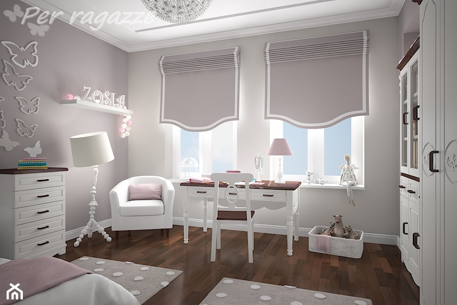 Duży biały różowy z panelami tapicerowanymi pokój dziecka dla dziecka dla nastolatka dla dziewczynki - zdjęcie od perragazze.pl