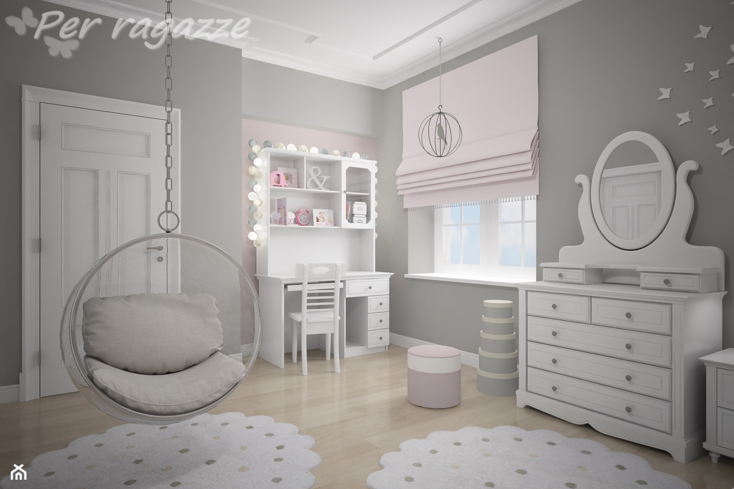 Białe meble dla dziewczynki - Średni różowy szary pokój dziecka dla nastolatka dla dziewczynki, styl tradycyjny - zdjęcie od perragazze.pl - Homebook