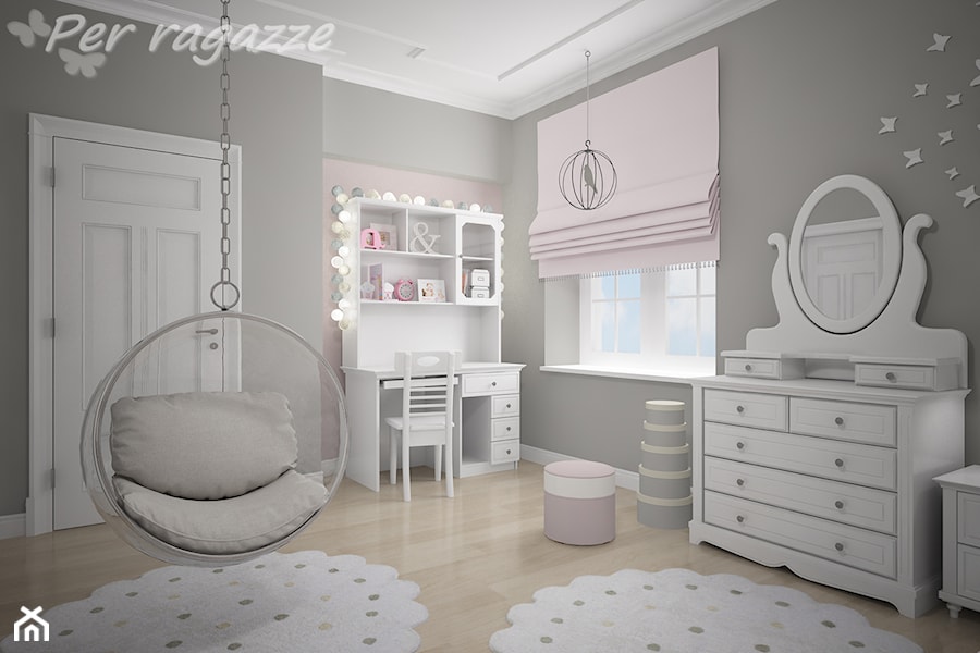 Białe meble dla dziewczynki - Średni różowy szary pokój dziecka dla nastolatka dla dziewczynki, styl tradycyjny - zdjęcie od perragazze.pl