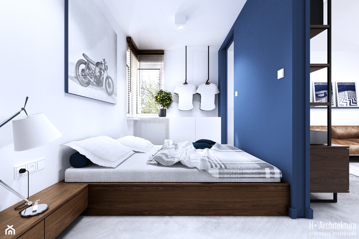 Chodźki | Lublin - Średnia biała niebieska sypialnia, styl nowoczesny - zdjęcie od H+ Architektura - Homebook