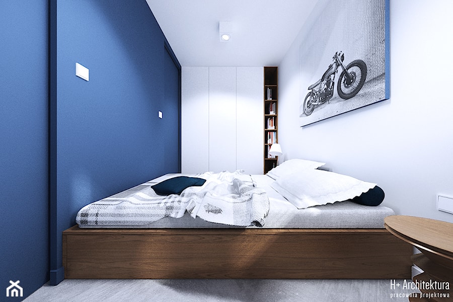 Chodźki | Lublin - Mała biała niebieska sypialnia, styl nowoczesny - zdjęcie od H+ Architektura