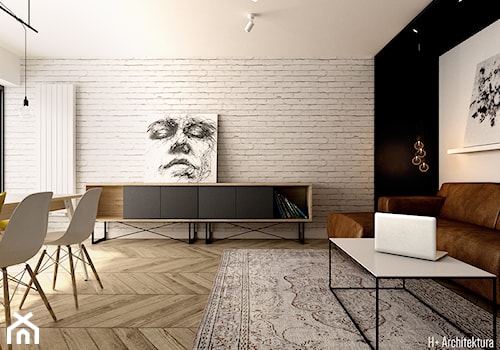 Salon kompozycja mebli i ceglanej ściany - zdjęcie od H+ Architektura