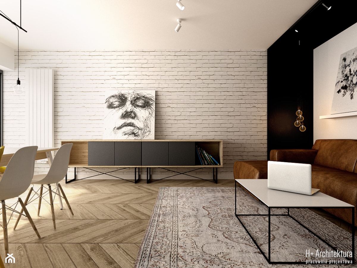 Salon kompozycja mebli i ceglanej ściany - zdjęcie od H+ Architektura - Homebook