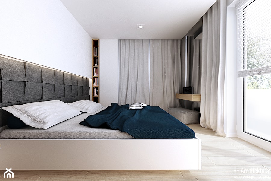 Konwaliowa | Turka - Średnia biała sypialnia z balkonem / tarasem, styl nowoczesny - zdjęcie od H+ Architektura