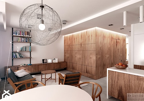 Potokowa | Wrocław - Mały średni biały szary salon z kuchnią z jadalnią z bibiloteczką, styl nowoczesny - zdjęcie od H+ Architektura