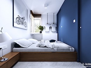 Chodźki | Lublin - Mała biała niebieska sypialnia, styl nowoczesny - zdjęcie od H+ Architektura