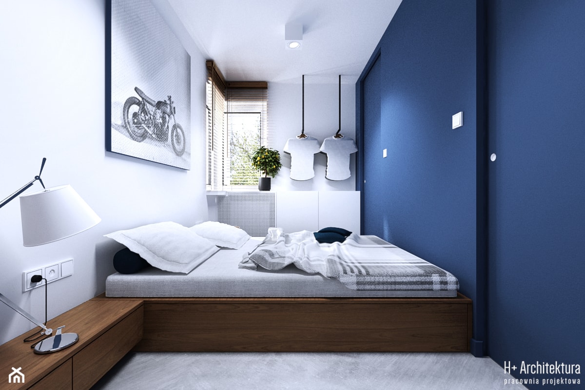 Chodźki | Lublin - Mała biała niebieska sypialnia, styl nowoczesny - zdjęcie od H+ Architektura - Homebook