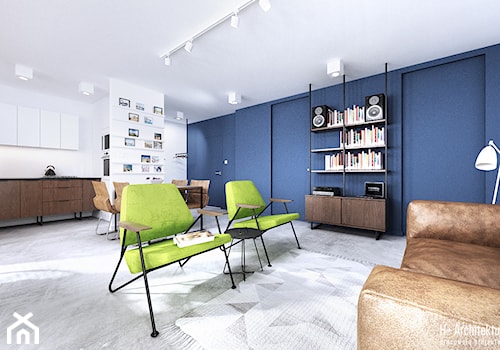 Chodźki | Lublin - Średni niebieski salon z kuchnią z jadalnią z bibiloteczką, styl nowoczesny - zdjęcie od H+ Architektura