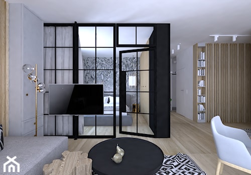 Czerń | Złoto | Loft - Duży biały czarny salon z jadalnią, styl industrialny - zdjęcie od DYLIK DESIGN