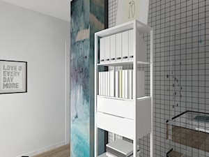 Biel czerń, drewno i błękit - Małe białe biuro, styl nowoczesny - zdjęcie od DYLIK DESIGN
