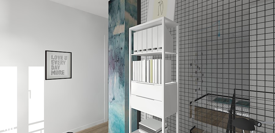 Biel czerń, drewno i błękit - Małe białe biuro, styl nowoczesny - zdjęcie od DYLIK DESIGN