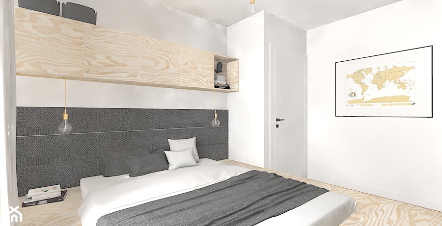 Biel czerń, drewno i błękit - Średnia biała sypialnia, styl nowoczesny - zdjęcie od DYLIK DESIGN