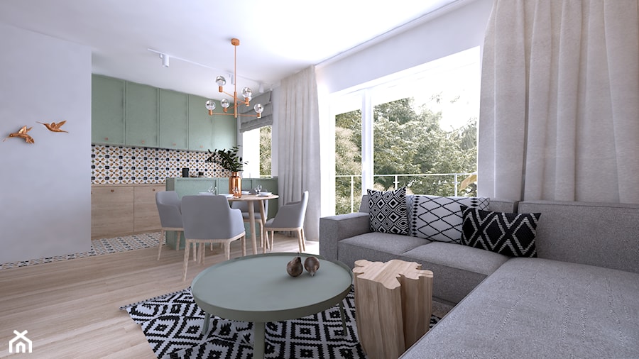 Zieleń | Miedź | Drewno - Duży biały salon z kuchnią z jadalnią, styl nowoczesny - zdjęcie od DYLIK DESIGN