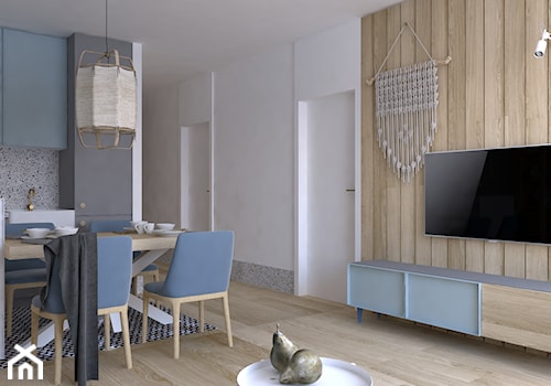 Mieszkanie w błękitach - Średni biały salon z kuchnią z jadalnią, styl nowoczesny - zdjęcie od DYLIK DESIGN