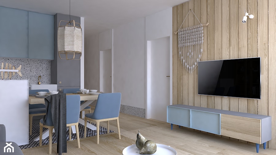Mieszkanie w błękitach - Średni biały salon z kuchnią z jadalnią, styl nowoczesny - zdjęcie od DYLIK DESIGN