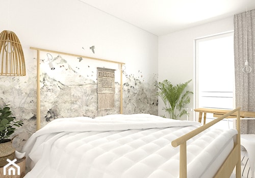 Boho | Rustykalnie - Mała biała sypialnia z balkonem / tarasem, styl rustykalny - zdjęcie od DYLIK DESIGN