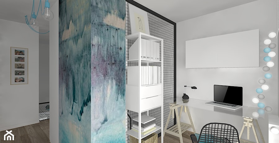 Biel czerń, drewno i błękit - Małe w osobnym pomieszczeniu szare biuro, styl nowoczesny - zdjęcie od DYLIK DESIGN