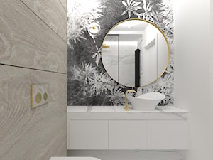 Beż i złoto - Mała bez okna z lustrem z marmurową podłogą z punktowym oświetleniem łazienka, styl nowoczesny - zdjęcie od DYLIK DESIGN