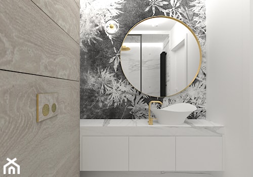 Beż i złoto - Mała bez okna z lustrem z marmurową podłogą z punktowym oświetleniem łazienka, styl nowoczesny - zdjęcie od DYLIK DESIGN