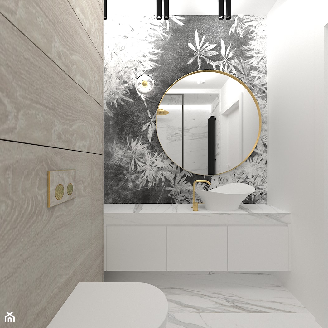 Beż i złoto - Mała bez okna z lustrem z marmurową podłogą z punktowym oświetleniem łazienka, styl nowoczesny - zdjęcie od DYLIK DESIGN - Homebook