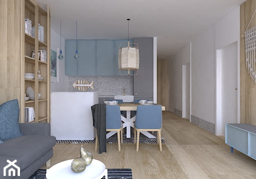 Mieszkanie w błękitach - Otwarta z salonem biała szara z zabudowaną lodówką z nablatowym zlewozmywakiem kuchnia w kształcie litery u, styl nowoczesny - zdjęcie od DYLIK DESIGN