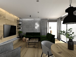 Drewno i zieleń - Średni biały salon z jadalnią z tarasem / balkonem, styl nowoczesny - zdjęcie od DYLIK DESIGN