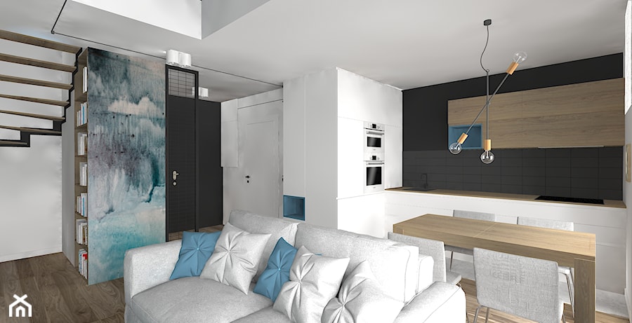 Biel czerń, drewno i błękit - Mały salon z kuchnią z jadalnią, styl nowoczesny - zdjęcie od DYLIK DESIGN
