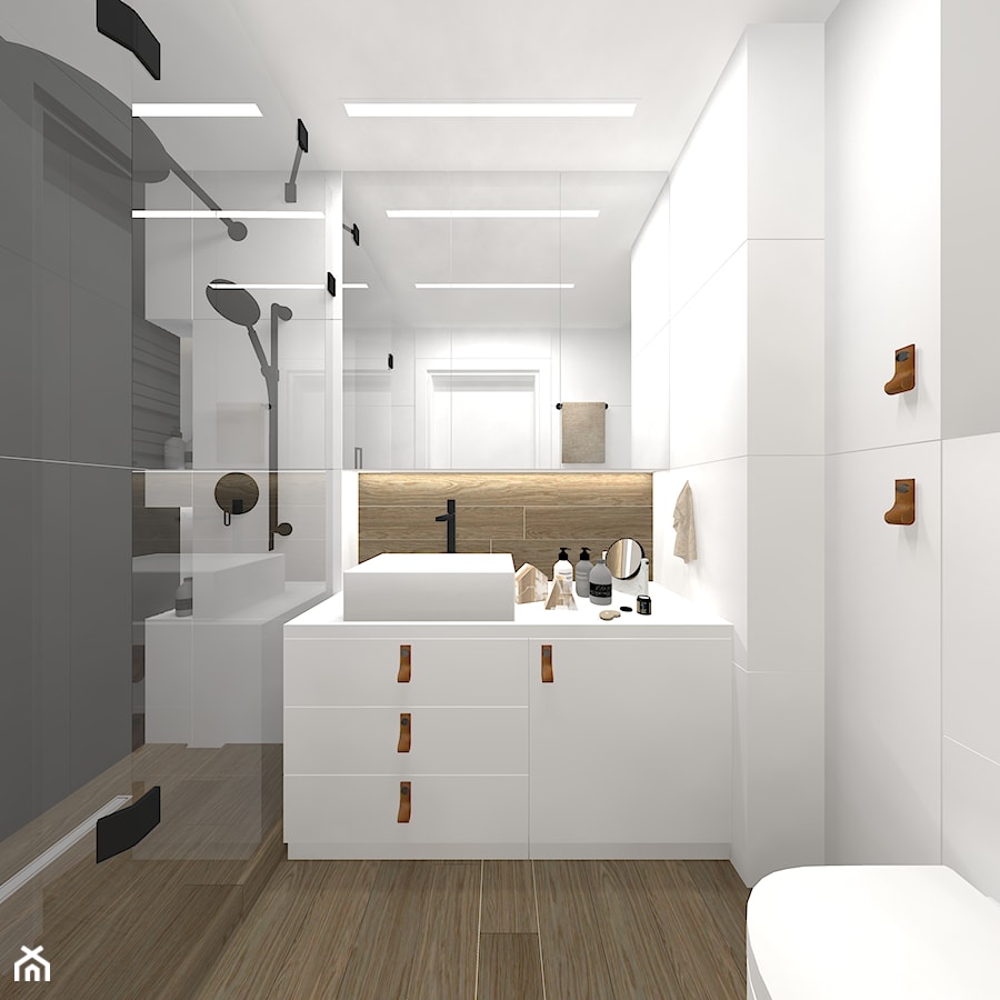 Biel czerń, drewno i błękit - Średnia bez okna łazienka, styl nowoczesny - zdjęcie od DYLIK DESIGN