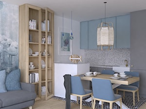 Mieszkanie w błękitach - Średnia otwarta z salonem biała szara z zabudowaną lodówką z nablatowym zlewozmywakiem kuchnia dwurzędowa z marmurem nad blatem kuchennym, styl nowoczesny - zdjęcie od DYLIK DESIGN