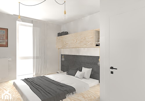 Biel czerń, drewno i błękit - Średnia szara sypialnia, styl nowoczesny - zdjęcie od DYLIK DESIGN