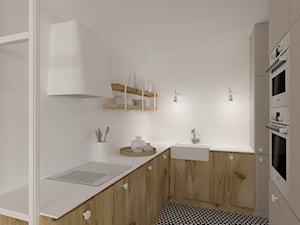 Boho | Rustykalnie - Mała otwarta z salonem biała z zabudowaną lodówką z nablatowym zlewozmywakiem kuchnia w kształcie litery u, styl rustykalny - zdjęcie od DYLIK DESIGN