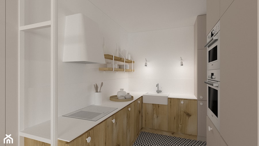 Boho | Rustykalnie - Mała otwarta z salonem biała z zabudowaną lodówką z nablatowym zlewozmywakiem kuchnia w kształcie litery u, styl rustykalny - zdjęcie od DYLIK DESIGN