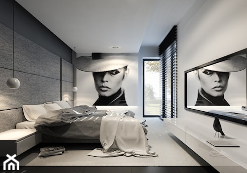 RZGÓW - Duża biała szara z panelami tapicerowanymi sypialnia z balkonem / tarasem, styl nowoczesny - zdjęcie od pijankastudio