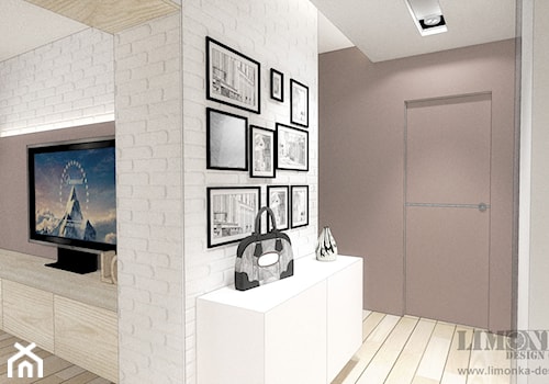 Mieszkanie w szarościach w stylu skandynawskim - Mały biały fioletowy hol / przedpokój, styl skandynawski - zdjęcie od Limonka Design Group