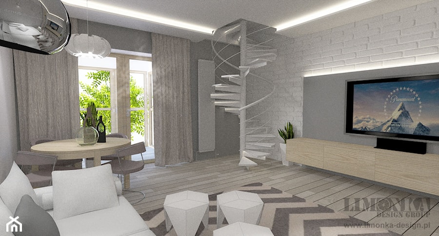 Mieszkanie w szarościach w stylu skandynawskim - Średni biały szary salon z jadalnią, styl skandynawski - zdjęcie od Limonka Design Group