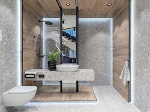 Nowoczesna łazienka z prysznicem w drewnie i terrazzo
