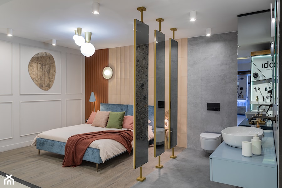Nowoczesna sypialnia z elementami rudości i niebieskiego połączona z sypialnią - zdjęcie od Maxfliz Salony Wyposażenia Wnętrz