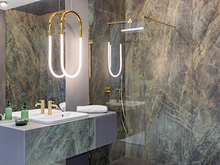 Elegancka łazienka ze złotymi detalami i płytkami Cerrad x La Mania Home