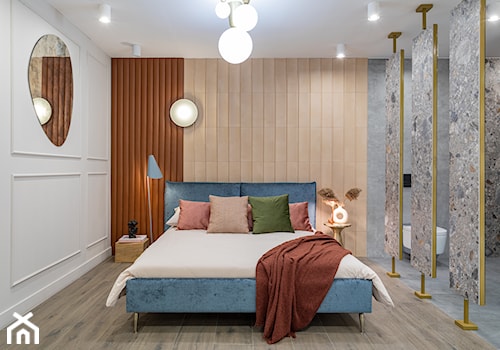 Nowoczesna sypialnia z elementami rudości i niebieskiego połączona z sypialnią - zdjęcie od Maxfliz Salony Wyposażenia Wnętrz