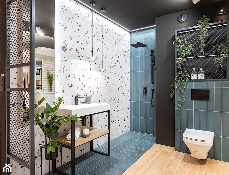 Feeria barw w małej łazience z zielonymi kafelkami i lastryko - zdjęcie od Maxfliz Salony Wyposażenia Wnętrz