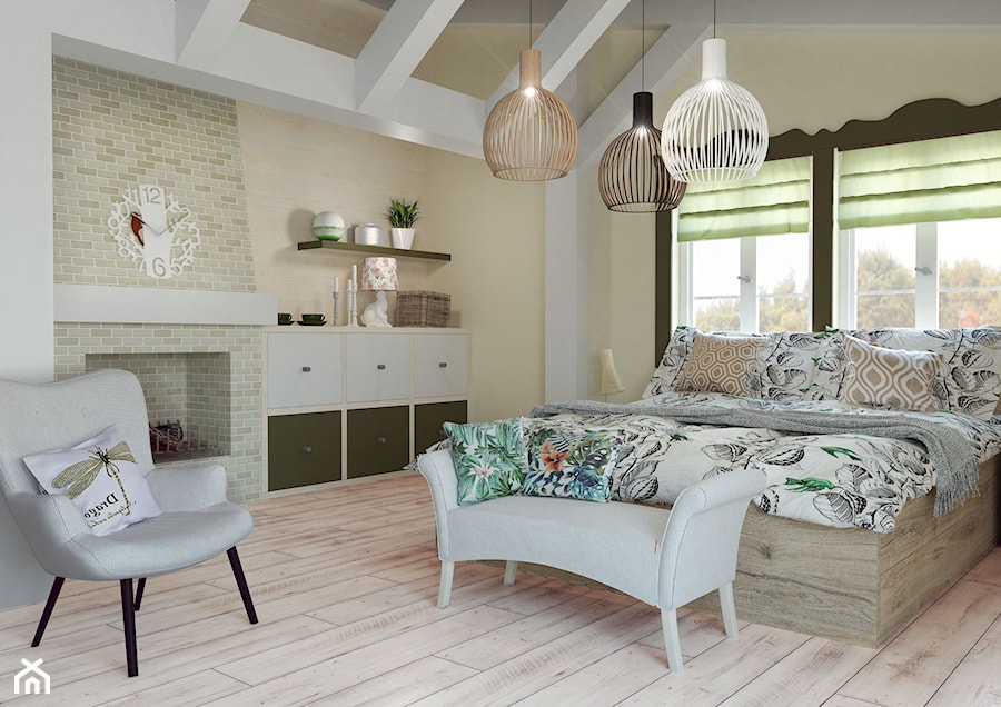 Panele podłogowe - Średnia beżowa biała sypialnia na poddaszu, styl nowoczesny - zdjęcie od SWISS KRONO