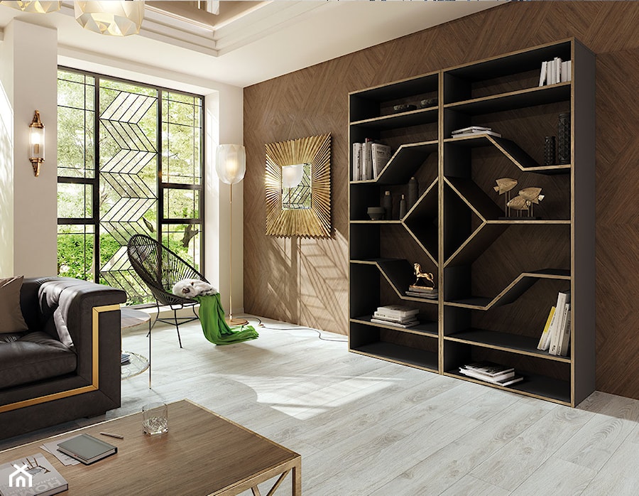 Wnętrze w stylu art déco - Mały biały brązowy salon z bibiloteczką, styl glamour - zdjęcie od SWISS KRONO