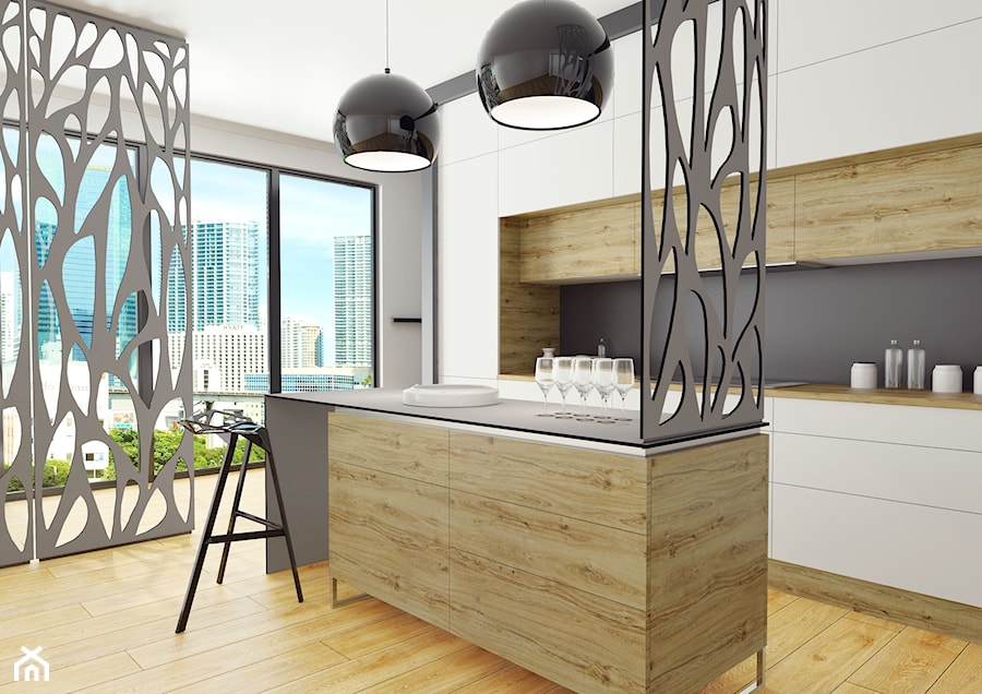 Średnia z salonem biała szara z zabudowaną lodówką kuchnia jednorzędowa z wyspą lub półwyspem z oknem, styl minimalistyczny - zdjęcie od SWISS KRONO