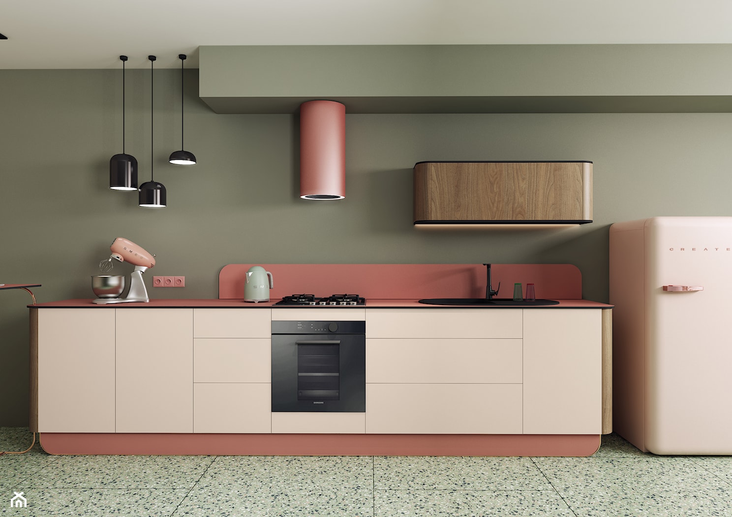 Kuchnie 2024 - inspiracje, różowo-zielona kuchnia w stylu retro