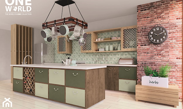 ceglana ściana w kuchni, ażurowe szafki kuchenne, zielone szafki kuchenne z białym blatem