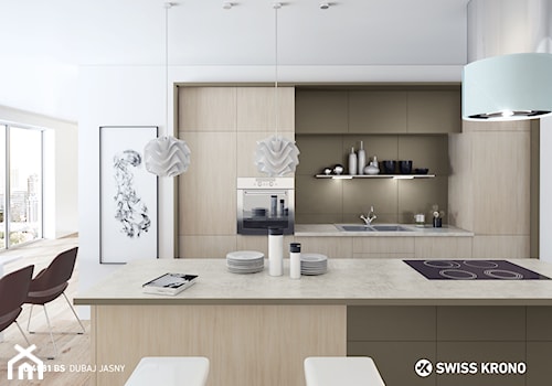 Blaty kuchenne - Średnia otwarta biała z zabudowaną lodówką z podblatowym zlewozmywakiem kuchnia dwurzędowa z wyspą lub półwyspem z kompozytem na ścianie nad blatem kuchennym, styl skandynawski - zdjęcie od SWISS KRONO