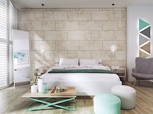 Beton na ścianie - Duża beżowa biała sypialnia, styl nowoczesny - zdjęcie od SWISS KRONO