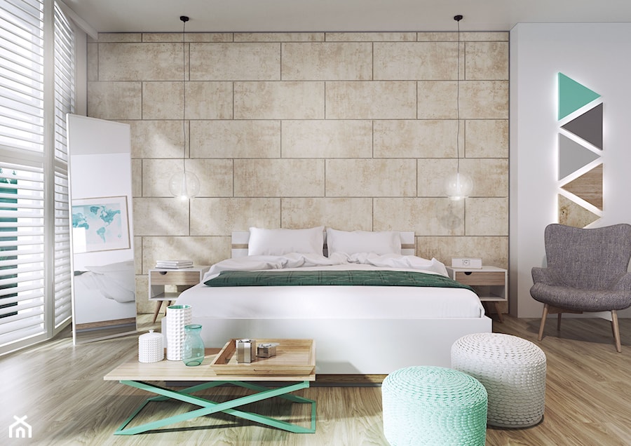Beton na ścianie - Duża beżowa biała sypialnia, styl nowoczesny - zdjęcie od SWISS KRONO